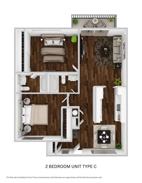 Floor plan for 2 beds, 2 baths, 1020 sqft